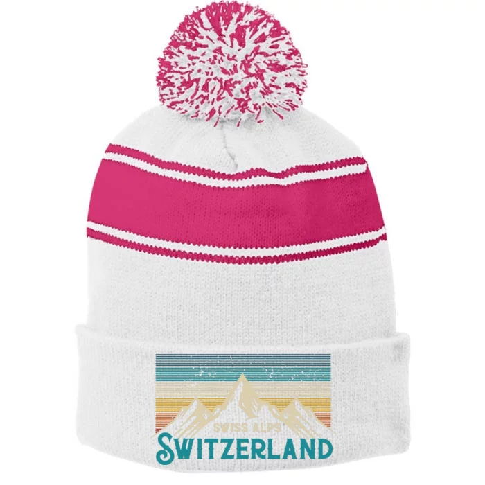 Switzerland Alps Vintage Mountains Swiss Souvenir Gift Stripe Pom Pom Beanie