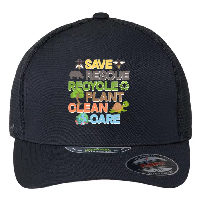 Save Rescue Recycle Plant Clean Care Earth Day Flexfit Unipanel Trucker Cap