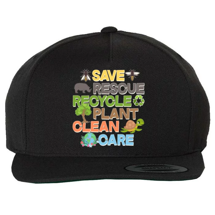 Save Rescue Recycle Plant Clean Care Earth Day Wool Snapback Cap