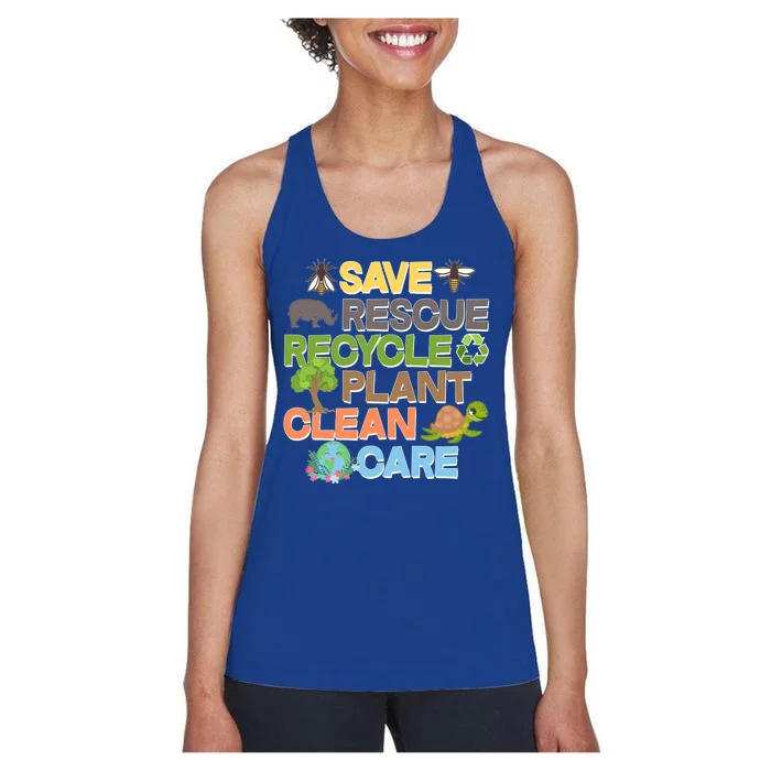 Save Rescue Recycle Plant Clean Care Earth Day Women's Racerback Tank