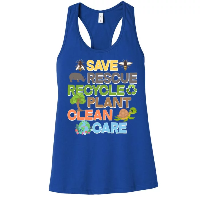 Save Rescue Recycle Plant Clean Care Earth Day Women's Racerback Tank