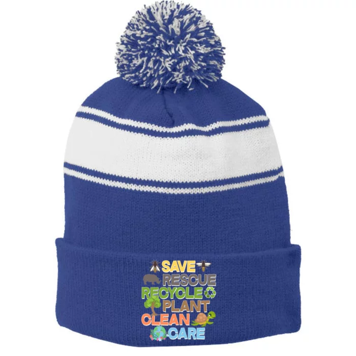 Save Rescue Recycle Plant Clean Care Earth Day Stripe Pom Pom Beanie