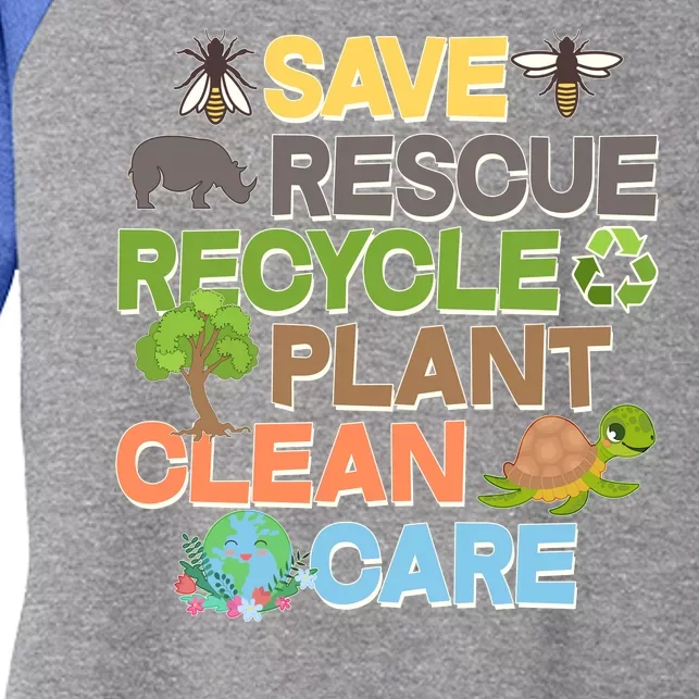 Save Rescue Recycle Plant Clean Care Earth Day Women's Tri-Blend 3/4-Sleeve Raglan Shirt