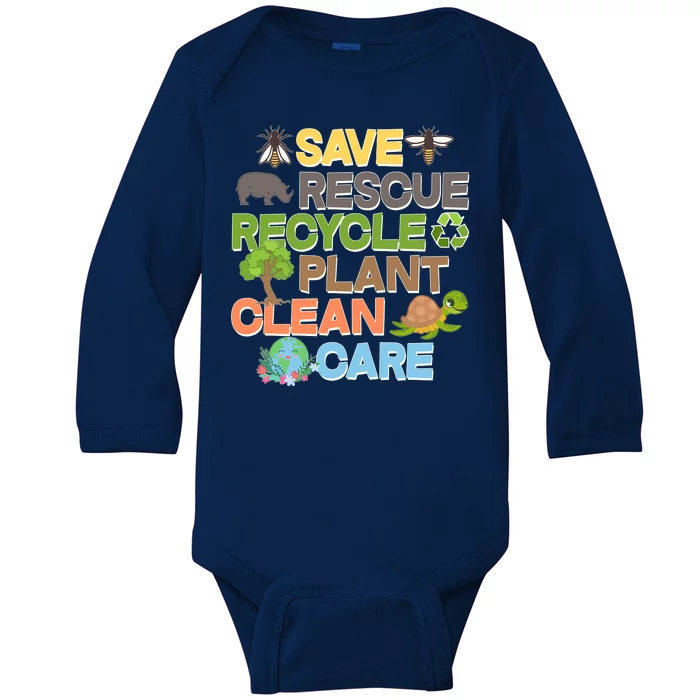 Save Rescue Recycle Plant Clean Care Earth Day Baby Long Sleeve Bodysuit