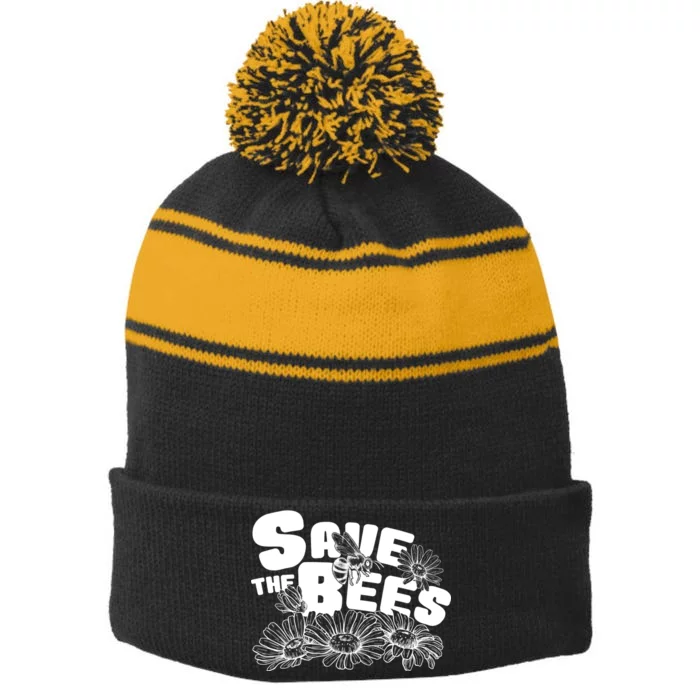 Save The Bees Floral Stripe Pom Pom Beanie