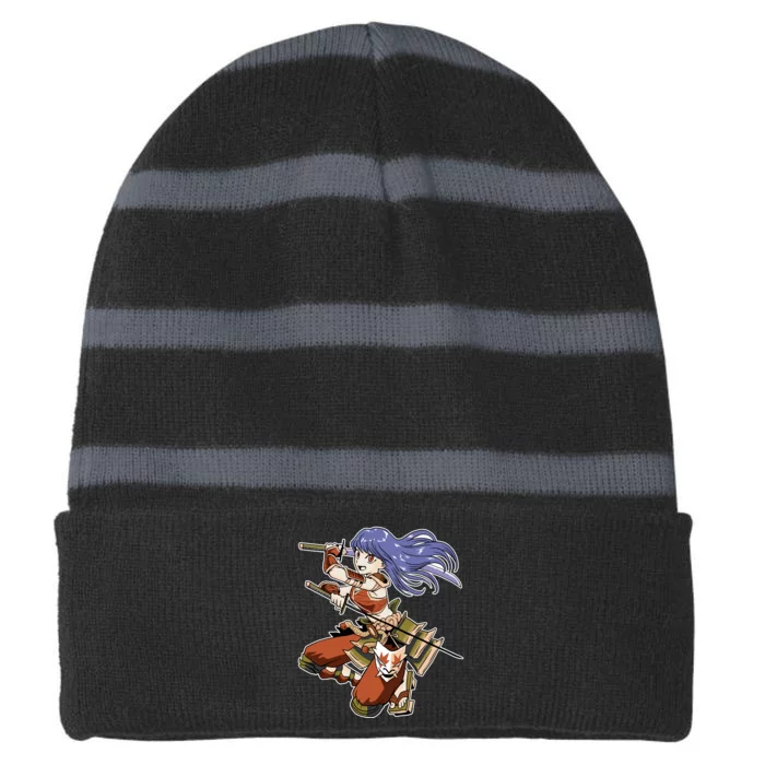 Samurai Anime Warrior Striped Beanie with Solid Band