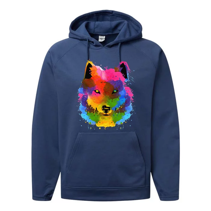 Splash Art Wolf Funny Watercolor Wildlife Dog Canine Outfit Performance Fleece Hoodie