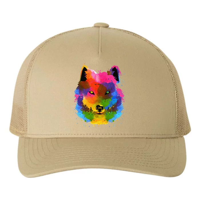 Splash Art Wolf Funny Watercolor Wildlife Dog Canine Outfit Yupoong Adult 5-Panel Trucker Hat