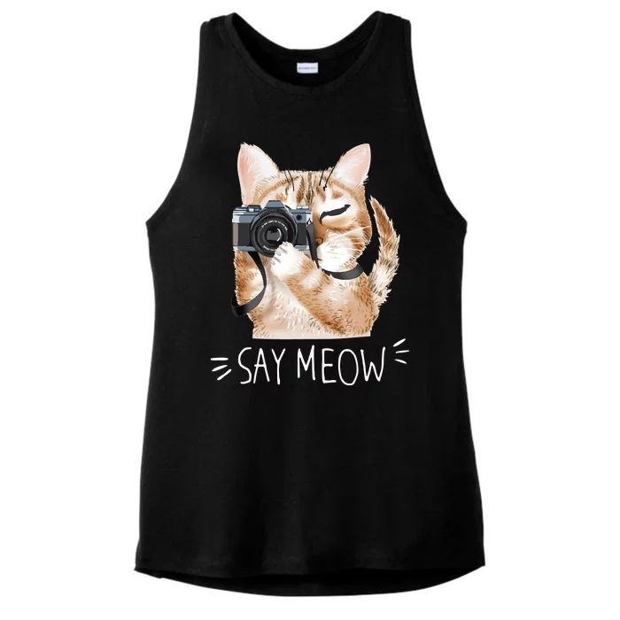 Say Meow Cute Cat Picture Ladies Tri-Blend Wicking Tank