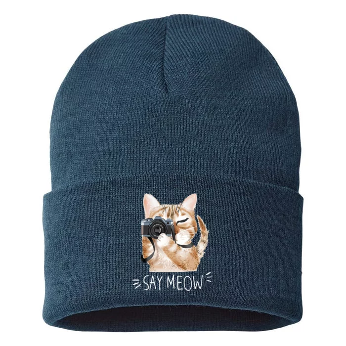 Say Meow Cute Cat Picture Sustainable Knit Beanie