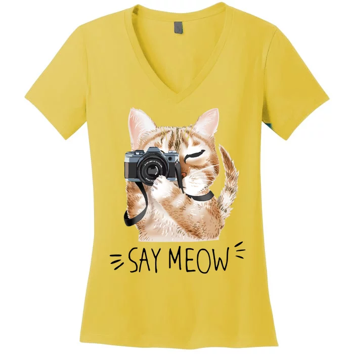 Say Meow Cute Cat Picture Women's V-Neck T-Shirt