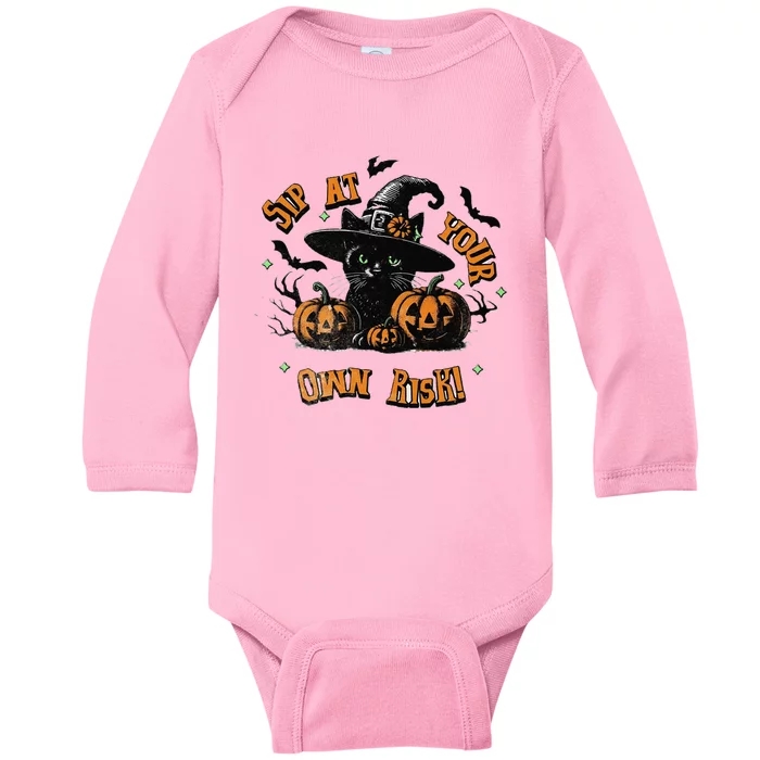 Sit At Your Own Risk Spooky Black Cat Witch Baby Long Sleeve Bodysuit