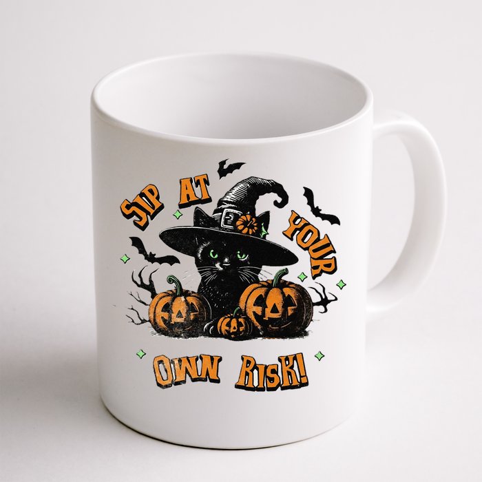 Sit At Your Own Risk Spooky Black Cat Witch Front & Back Coffee Mug