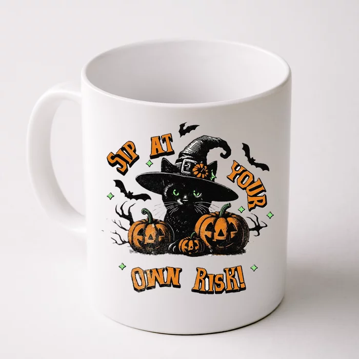 Sit At Your Own Risk Spooky Black Cat Witch Front & Back Coffee Mug