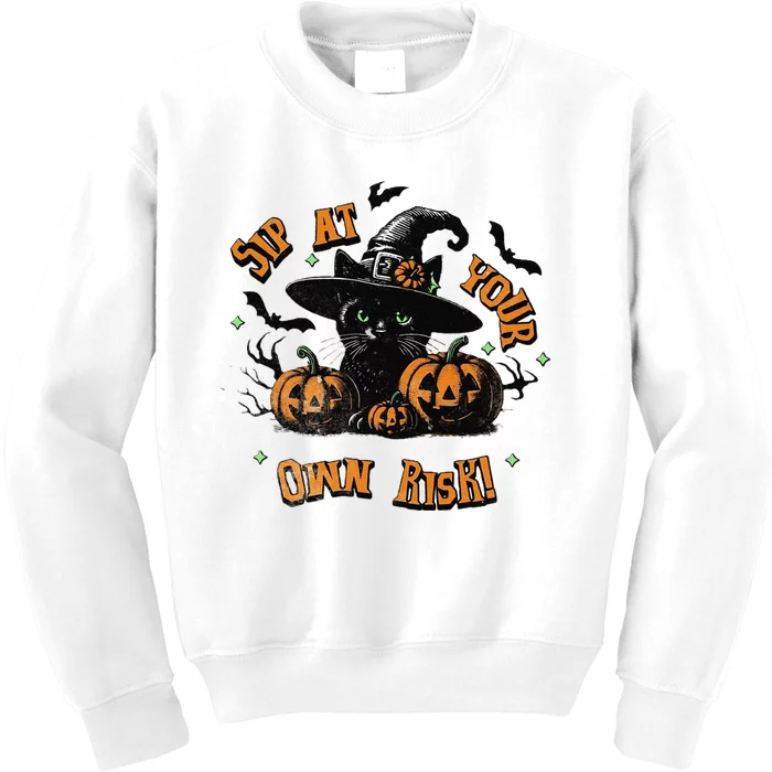 Sit At Your Own Risk Spooky Black Cat Witch Kids Sweatshirt