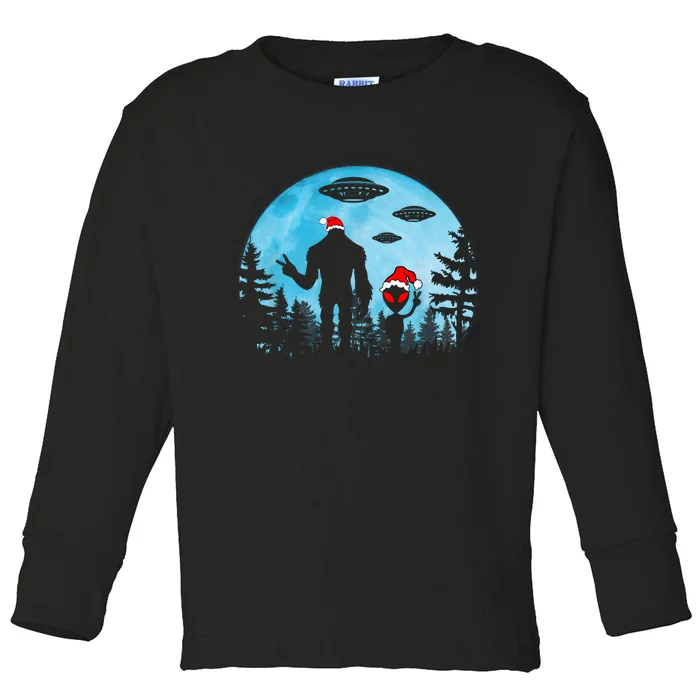 Santa Bigfoot And Alien Ufo Night Forest Christmas Sasquatch Toddler Long Sleeve Shirt