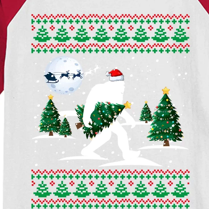 Santa Bigfoot And Christmas Tree Sasquatch Ugly Xmas Sweater Gift Kids Colorblock Raglan Jersey