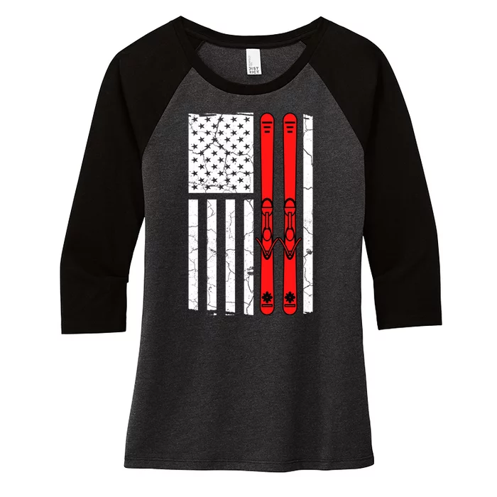 Ski Boarding American Flag Sport Hobby Women's Tri-Blend 3/4-Sleeve Raglan Shirt