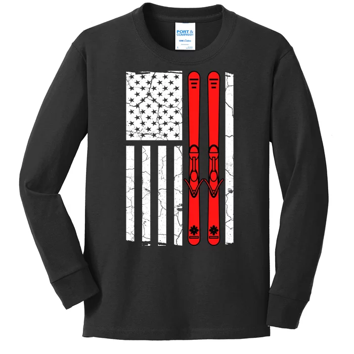 Ski Boarding American Flag Sport Hobby Kids Long Sleeve Shirt