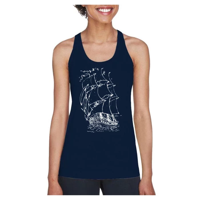 Sailor Boating Anchor Simple Line Drawing Sailboat Sailing Women's Racerback Tank