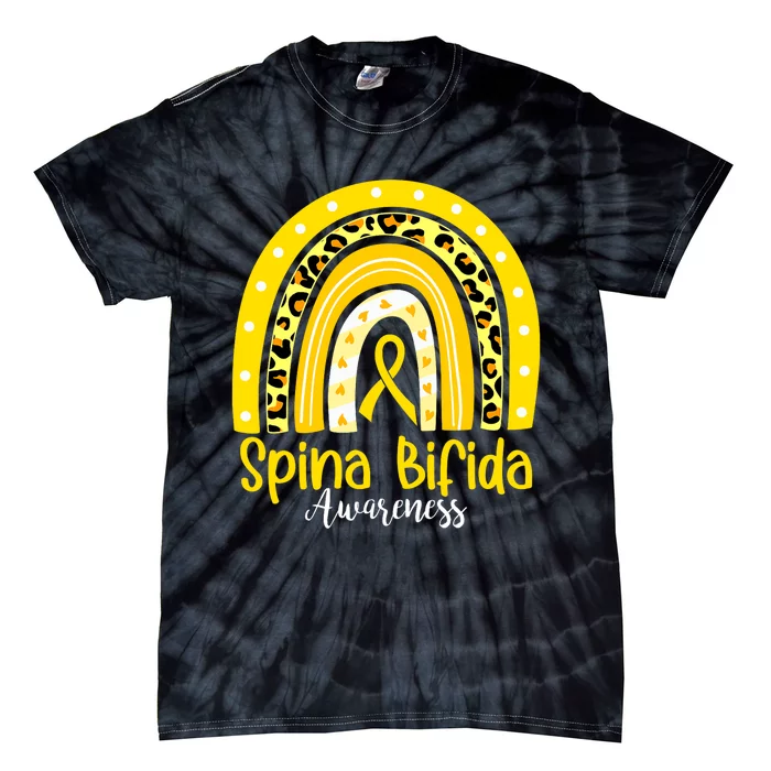 Spina Bifida Awareness Yellow Ribbon Leopard Rainbow Tie-Dye T-Shirt