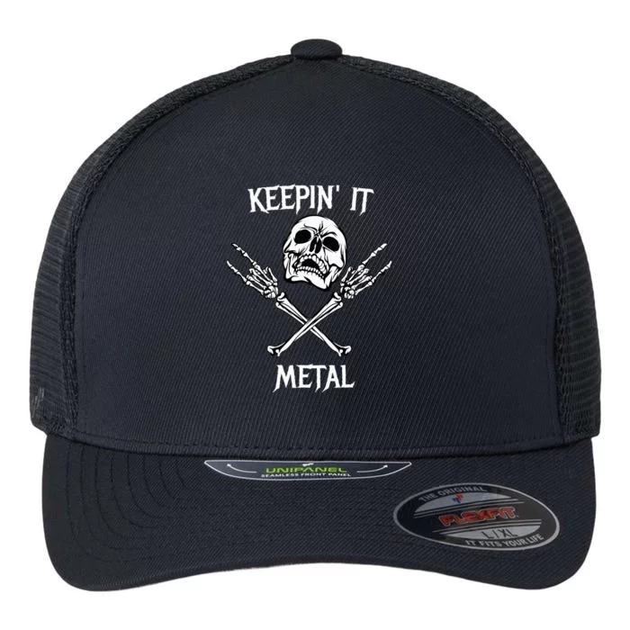 Skull & Bones Black Death Rock Heavy Metal Headbanger Flexfit Unipanel Trucker Cap