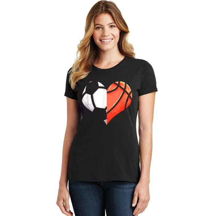 Soccer Basketball Ball Heart Football Valentines Day Women's T-Shirt