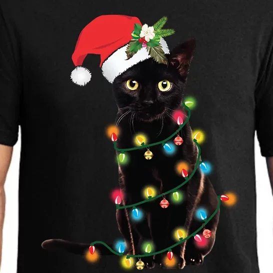 Santa Black Cat Tangled Up In Christmas Tree Lights Holiday Gift Pajama Set