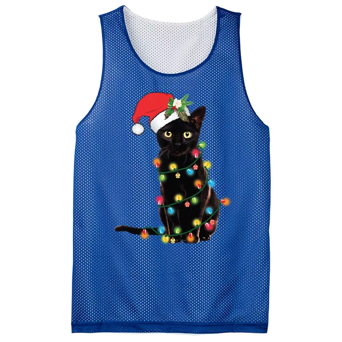 Santa Black Cat Tangled Up In Christmas Tree Lights Holiday Gift Mesh Reversible Basketball Jersey Tank