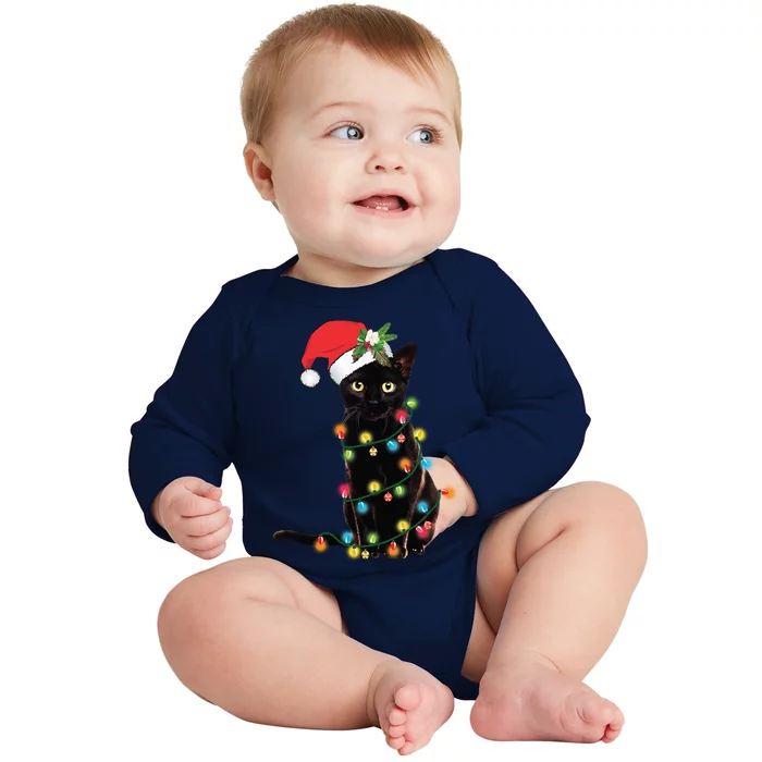 Santa Black Cat Tangled Up In Christmas Tree Lights Holiday Gift Baby Long Sleeve Bodysuit