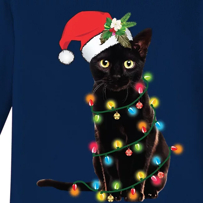 Santa Black Cat Tangled Up In Christmas Tree Lights Holiday Gift Baby Long Sleeve Bodysuit