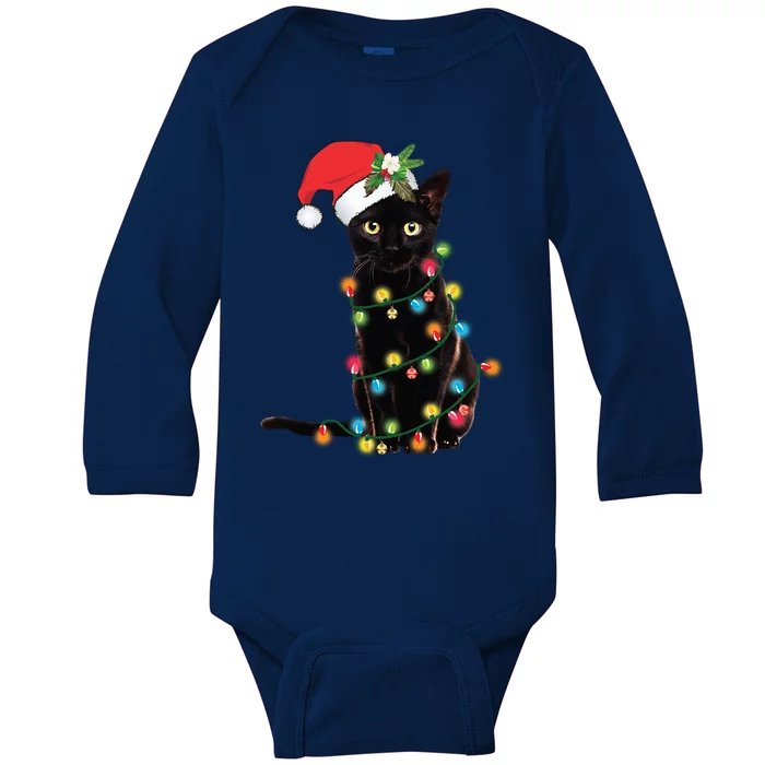 Santa Black Cat Tangled Up In Christmas Tree Lights Holiday Gift Baby Long Sleeve Bodysuit