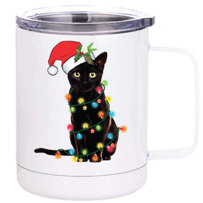 Santa Black Cat Tangled Up In Christmas Tree Lights Holiday Gift Front & Back 12oz Stainless Steel Tumbler Cup