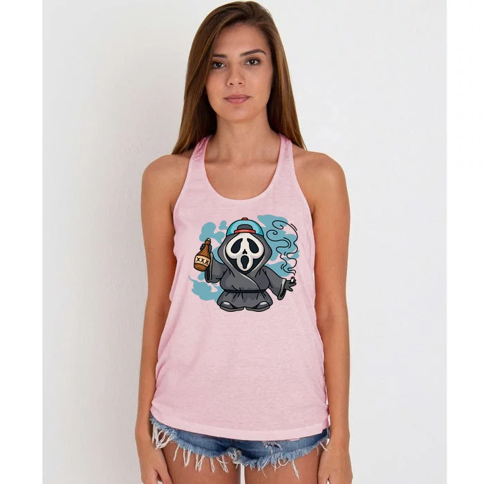 Skeleton Beer Cigar Funny Halloween Women's Knotted Racerback Tank