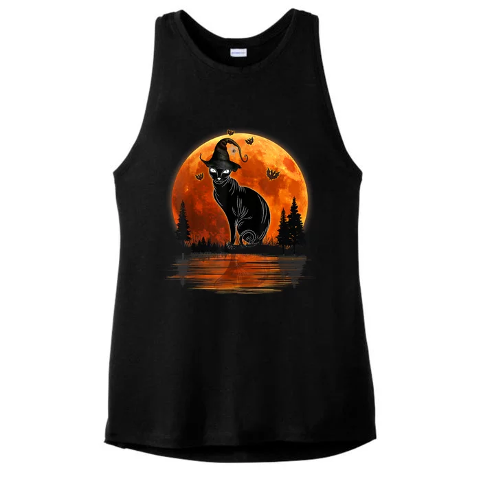 Scary Black Cat Halloween Moon Ladies Tri-Blend Wicking Tank