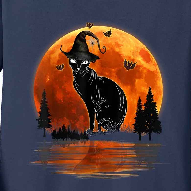 Scary Black Cat Halloween Moon Kids Long Sleeve Shirt