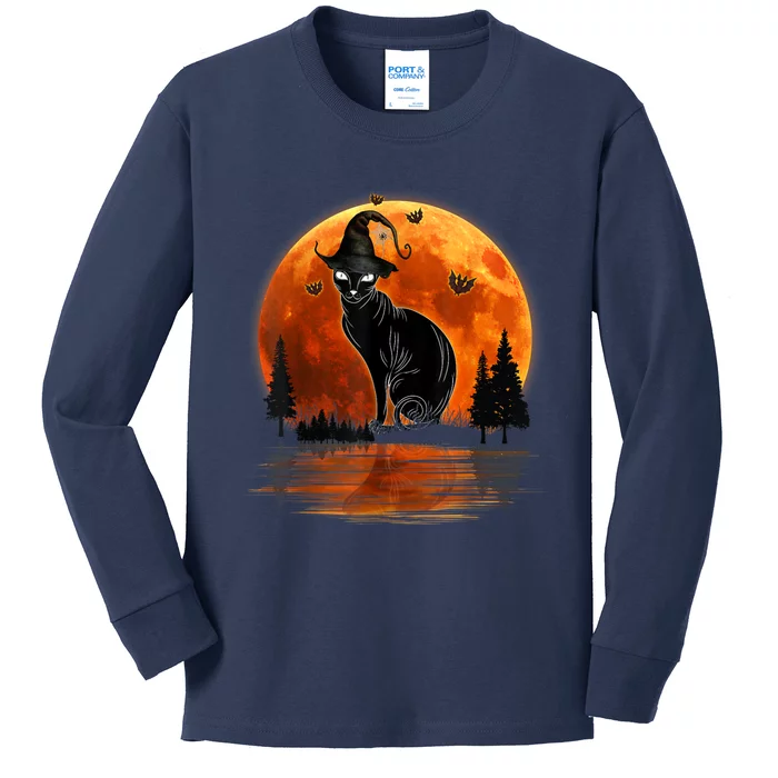 Scary Black Cat Halloween Moon Kids Long Sleeve Shirt