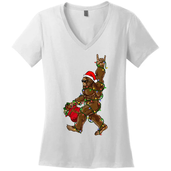 Santa Bigfoot Christmas Lights Rock Funny Sasquatch Believe Women's V-Neck T-Shirt