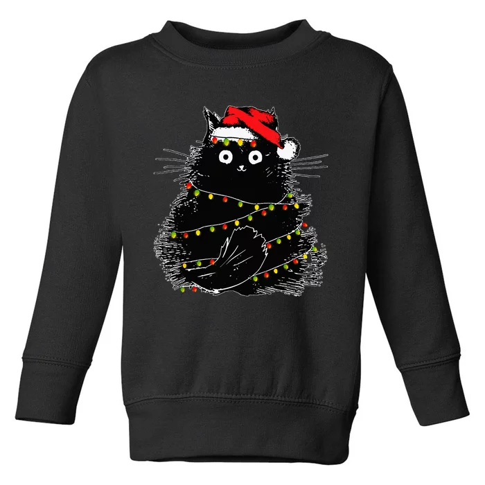 Santa Black Cat Tangled Up In Christmas Tree Lights Holiday Toddler Sweatshirt