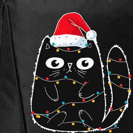 Santa Black Cat Tangled Up In Christmas Cat Lover Xmas Light City Backpack