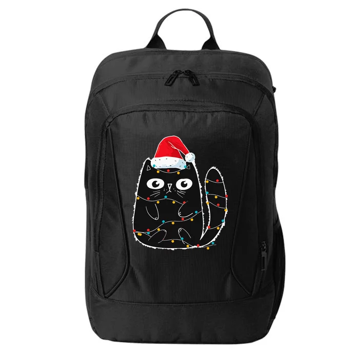 Santa Black Cat Tangled Up In Christmas Cat Lover Xmas Light City Backpack