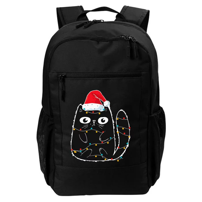 Santa Black Cat Tangled Up In Christmas Cat Lover Xmas Light Daily Commute Backpack