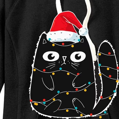 Santa Black Cat Tangled Up In Christmas Cat Lover Xmas Light Women's Fleece Hoodie