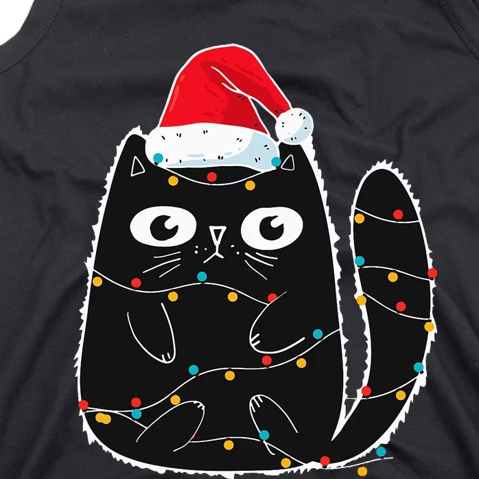 Santa Black Cat Tangled Up In Christmas Cat Lover Xmas Light Tank Top