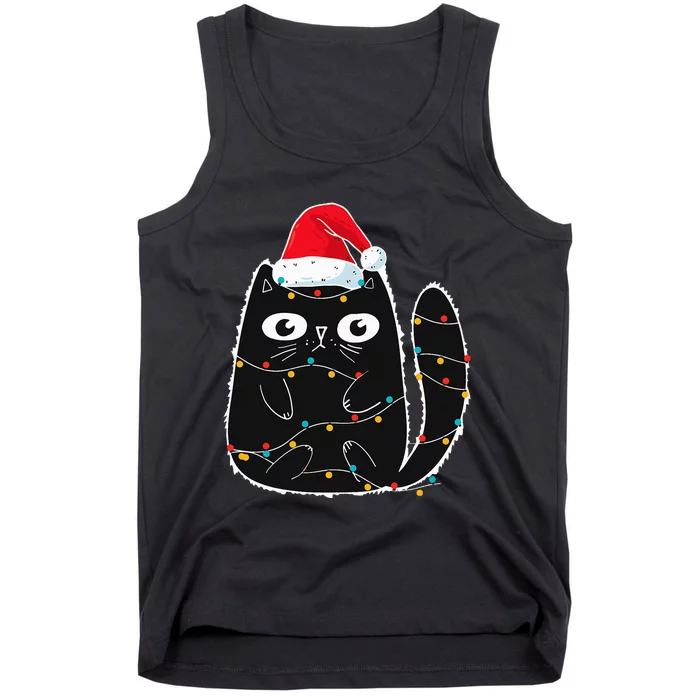 Santa Black Cat Tangled Up In Christmas Cat Lover Xmas Light Tank Top