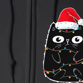 Santa Black Cat Tangled Up In Christmas Cat Lover Xmas Light Full Zip Hoodie