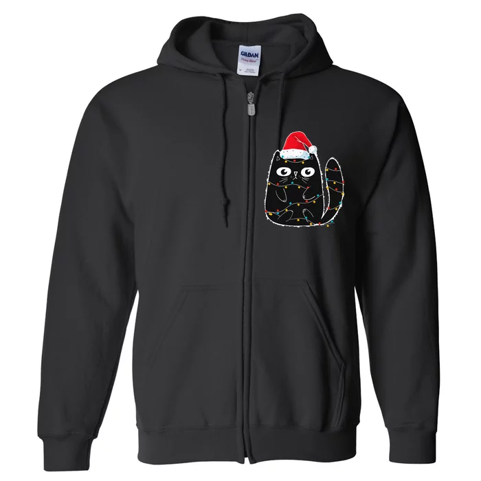 Santa Black Cat Tangled Up In Christmas Cat Lover Xmas Light Full Zip Hoodie