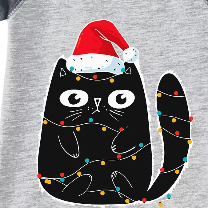 Santa Black Cat Tangled Up In Christmas Cat Lover Xmas Light Infant Baby Jersey Bodysuit