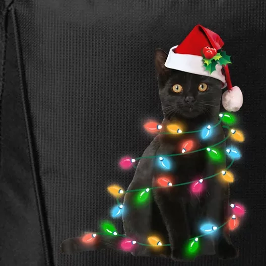 Santa Black Cat Tangled Up In Christmas Tree Lights Holiday Funny Gift City Backpack