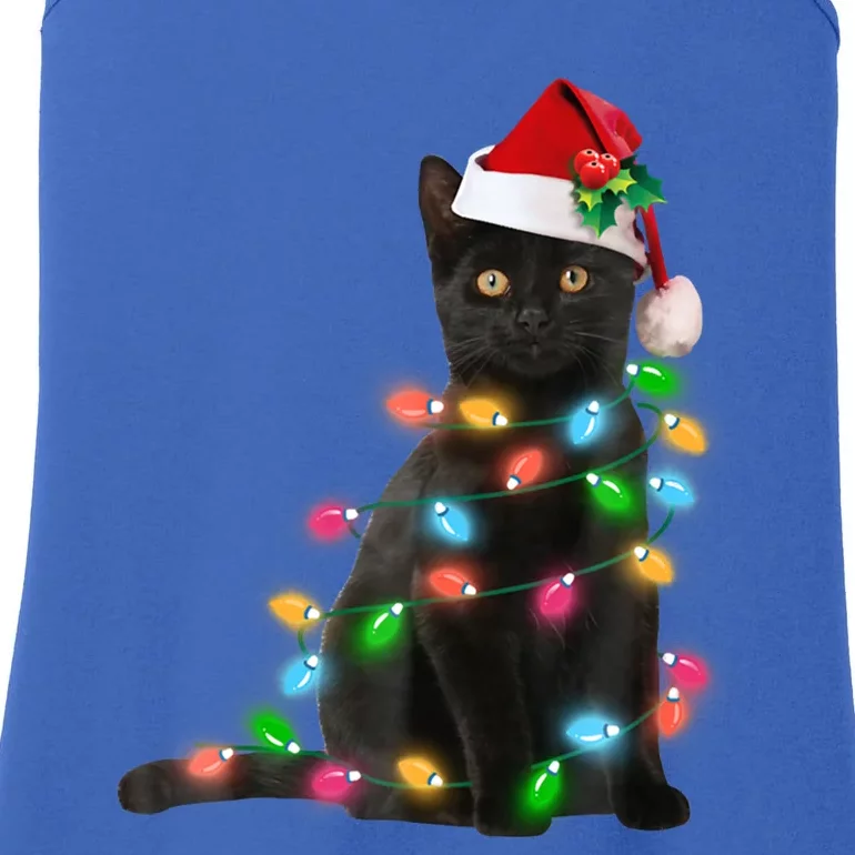 Santa Black Cat Tangled Up In Christmas Tree Lights Holiday Funny Gift Ladies Essential Tank